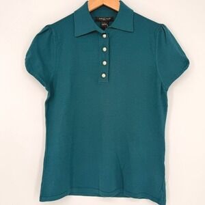 August‎ Silk Womens Teal Blue Silk Blend Puff Sleeve Polo L Twee Dark Academia
